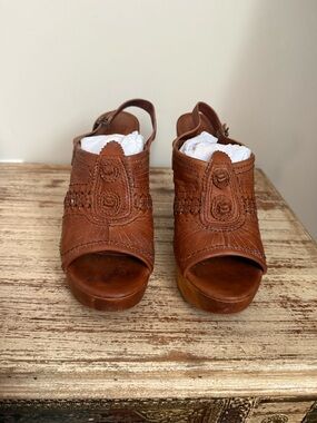 Frye Brown Leather Open-Toe Slingback Wedges